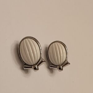 Trifari White and Silver Oval Clip-On Earrings